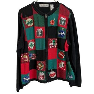 Vtg Victoria Jones Womens Sz XL Black Red Full Zip Christmas Sweater Grandmacore